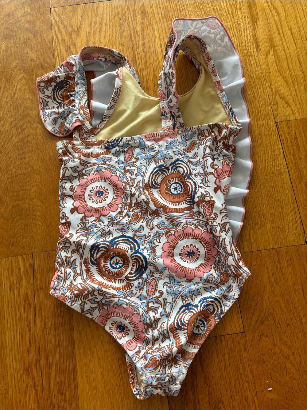 Pink Chicken Floral Ruffle One-Piece Swimsuit in Pink, Brown & Blue - Picture 3 of 4